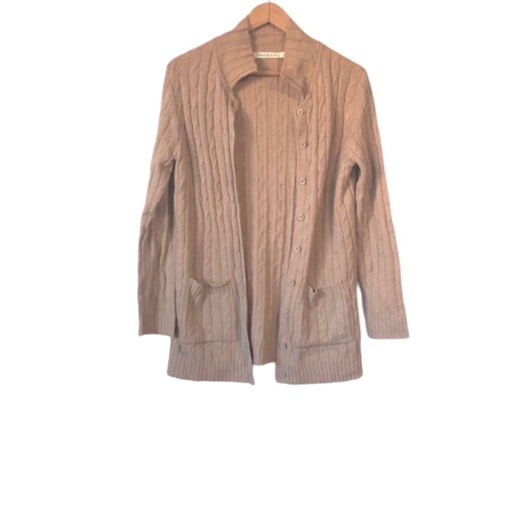 Angelica. L wool cashmere cable knit tan cardigan size Medium